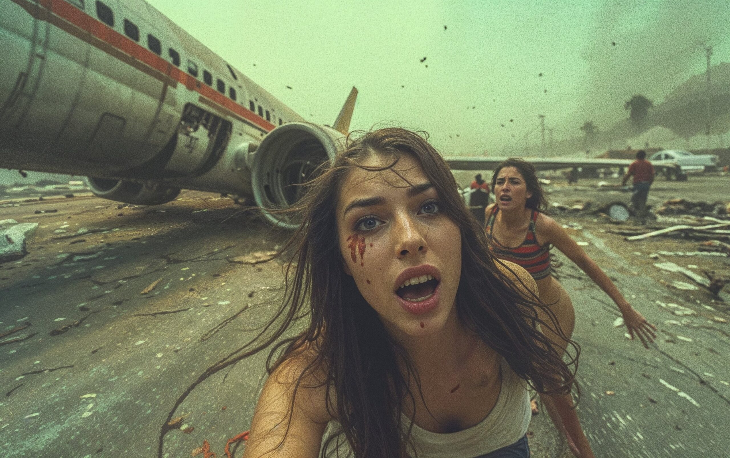 Midjourney v6 + Magnific AI  – selfie z katastrofą samolotu w tle